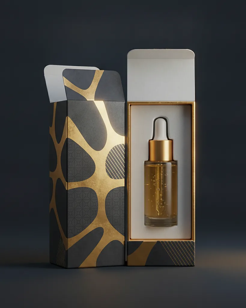 Custom serum and dropper carton, close-up of the edge, surface texture and finish