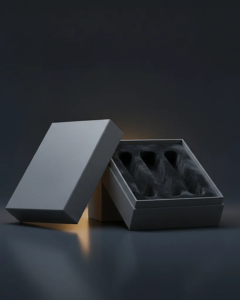 Custom skincare set box, 1200 gsm, multi cavity insert, on a dark navy studio backdrop