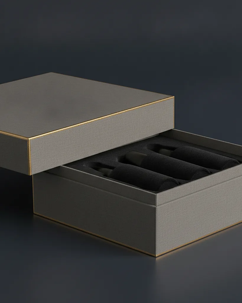 Custom skincare set box, close-up of the edge, surface texture and finish