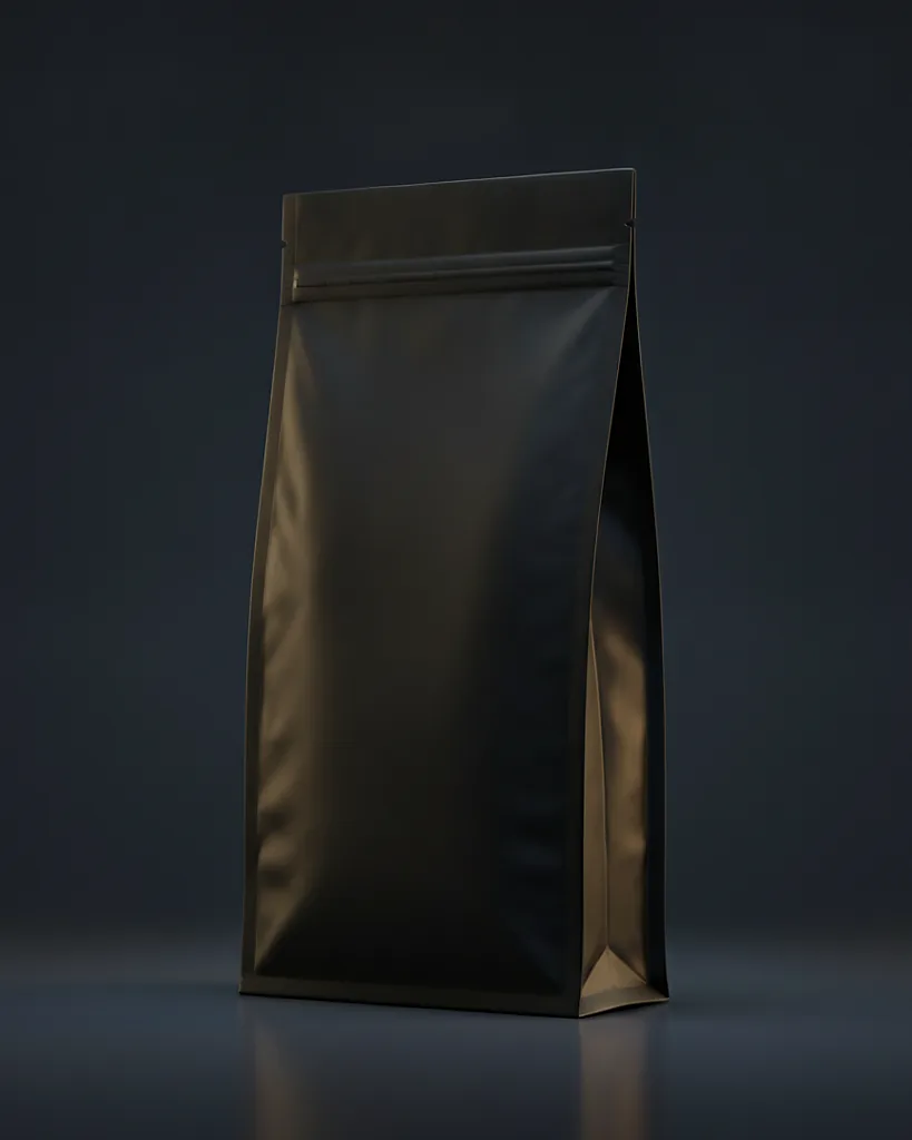 Custom smell proof mylar bag, high barrier foil, on a dark navy studio backdrop