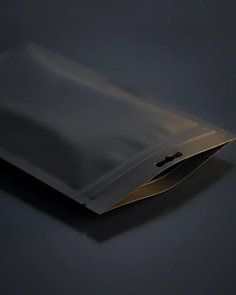 Custom smell proof mylar bag, close-up of the edge, surface texture and finish