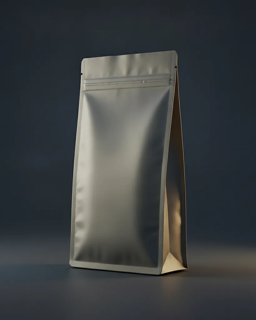 Custom stand up pouch, matte or gloss laminate, zipper, on a dark navy studio backdrop