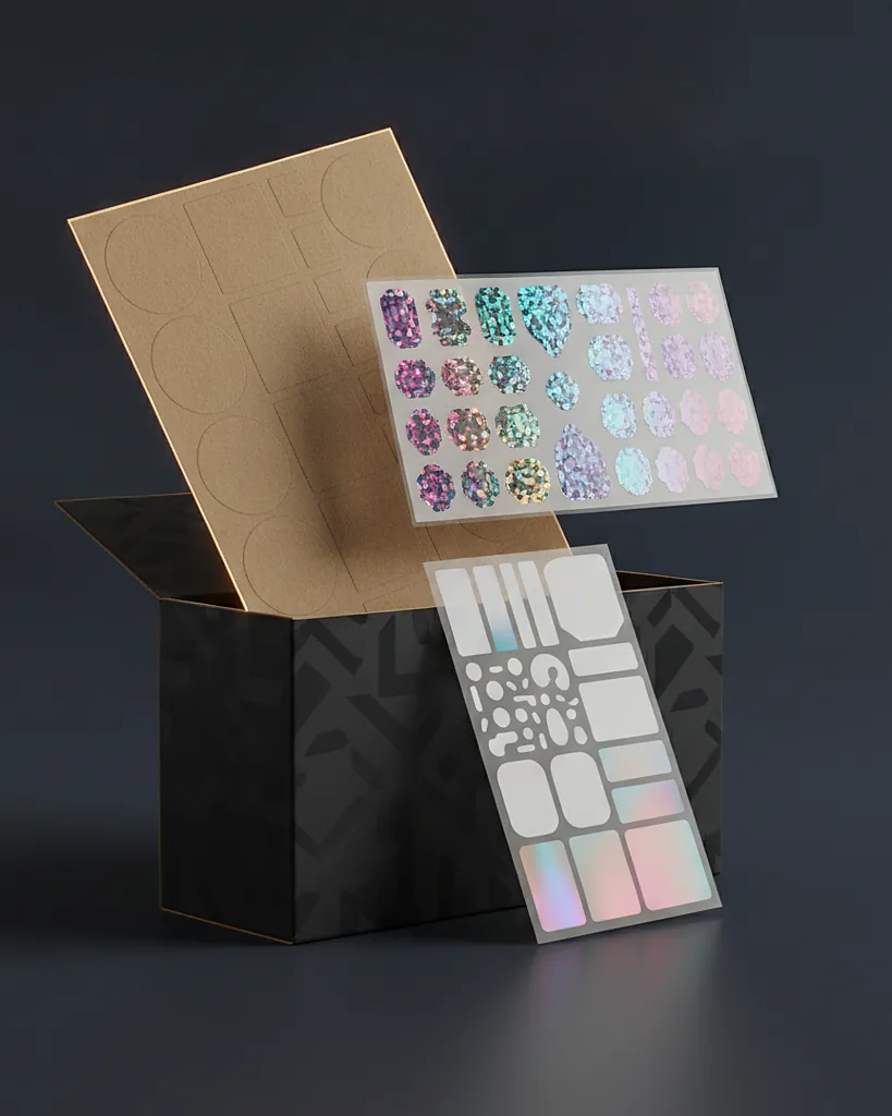 Custom sticker and label sheet, paper or vinyl, on a dark navy studio backdrop
