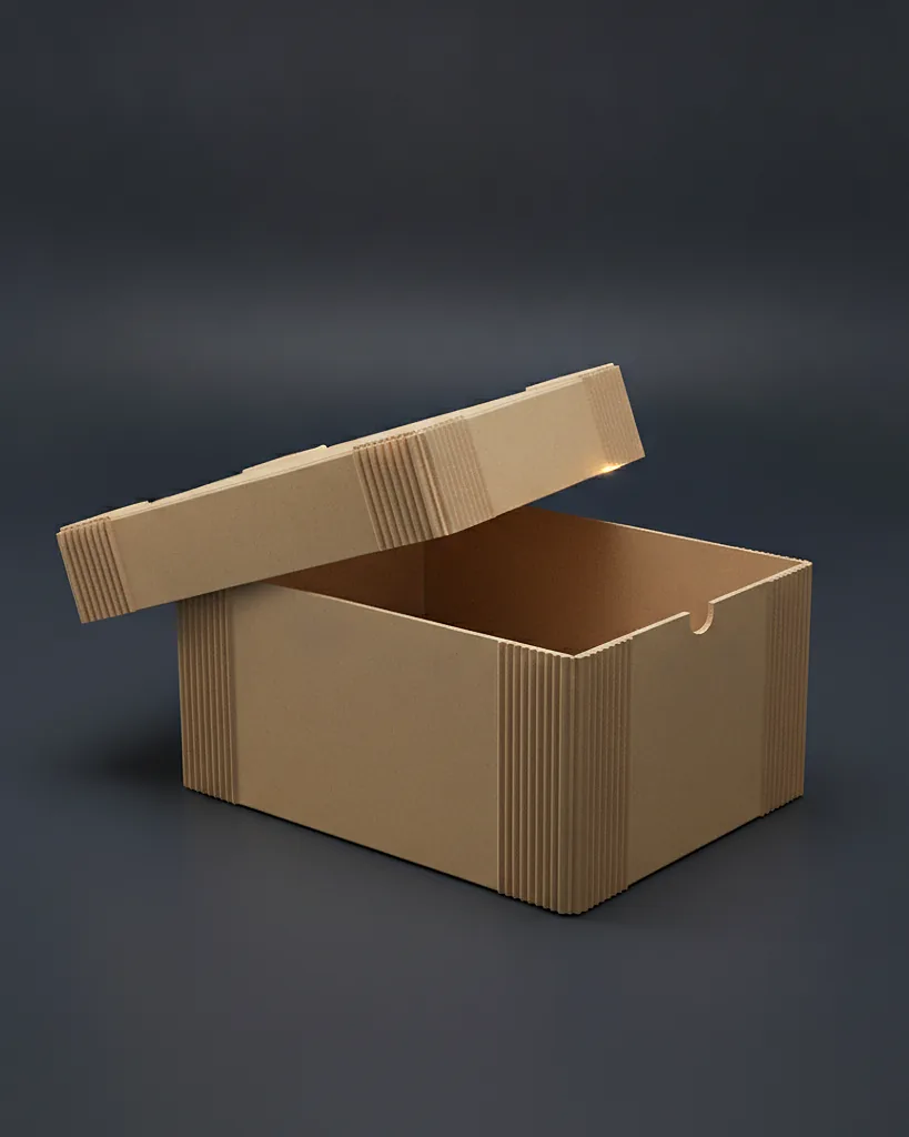 Custom suitcase box, E-flute corrugated with kraft wrap, molded carry handle, on a dark navy studio backdrop