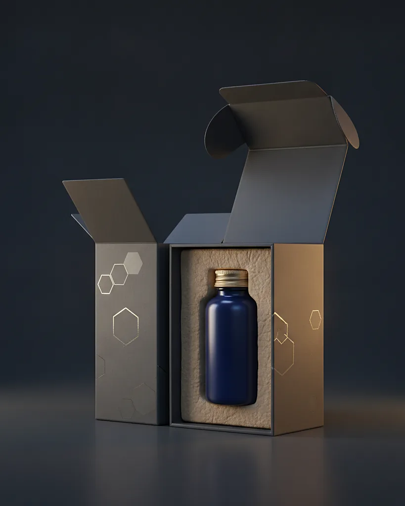 Custom supplement carton, close-up of the edge, surface texture and finish