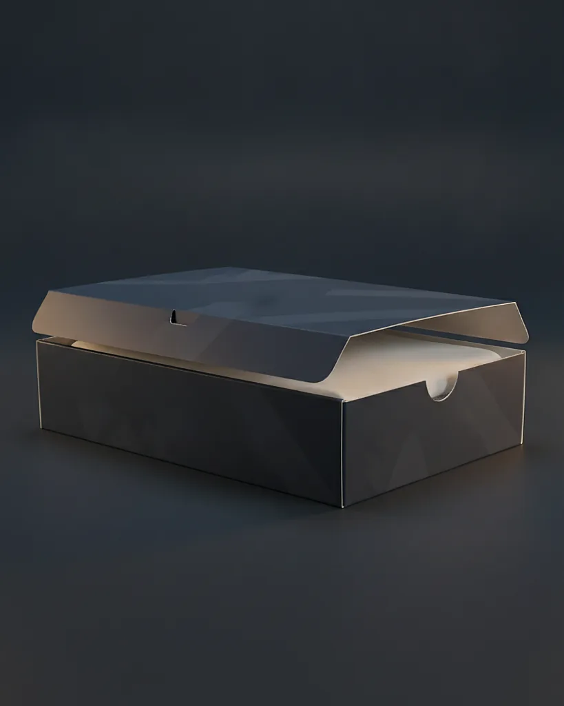 Custom t-shirt packaging, E-flute corrugated, low-profile format, on a dark navy studio backdrop