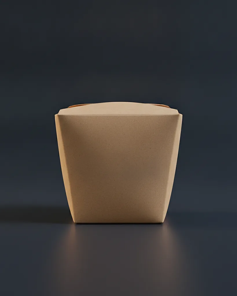 Custom take out box, grease resistant kraft, on a dark navy studio backdrop