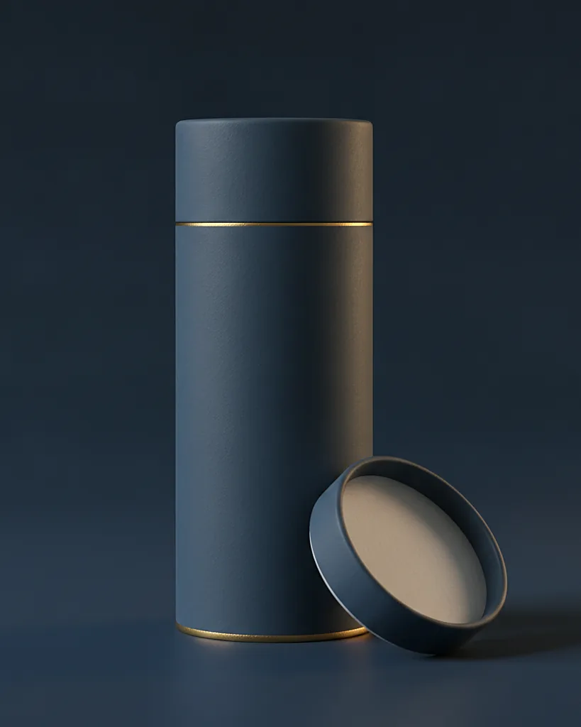 Custom tea tin style tube, paperboard with metal ends, on a dark navy studio backdrop