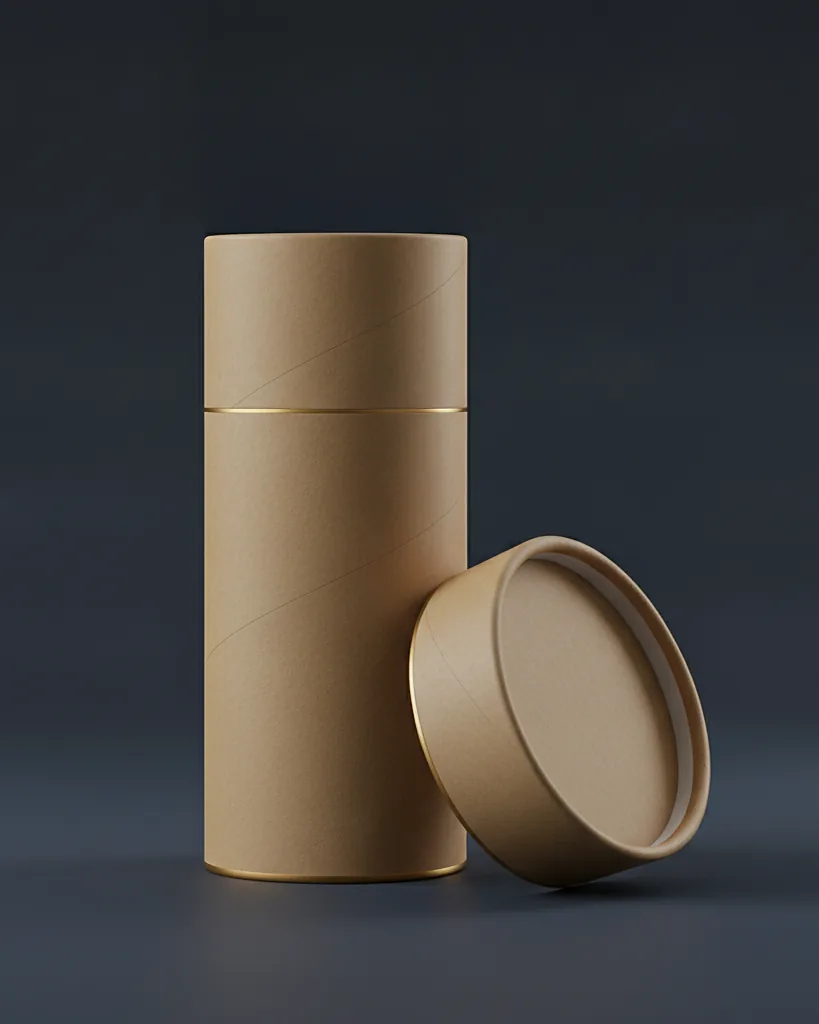 Custom telescoping tube, spiral wound, wrapped, on a dark navy studio backdrop