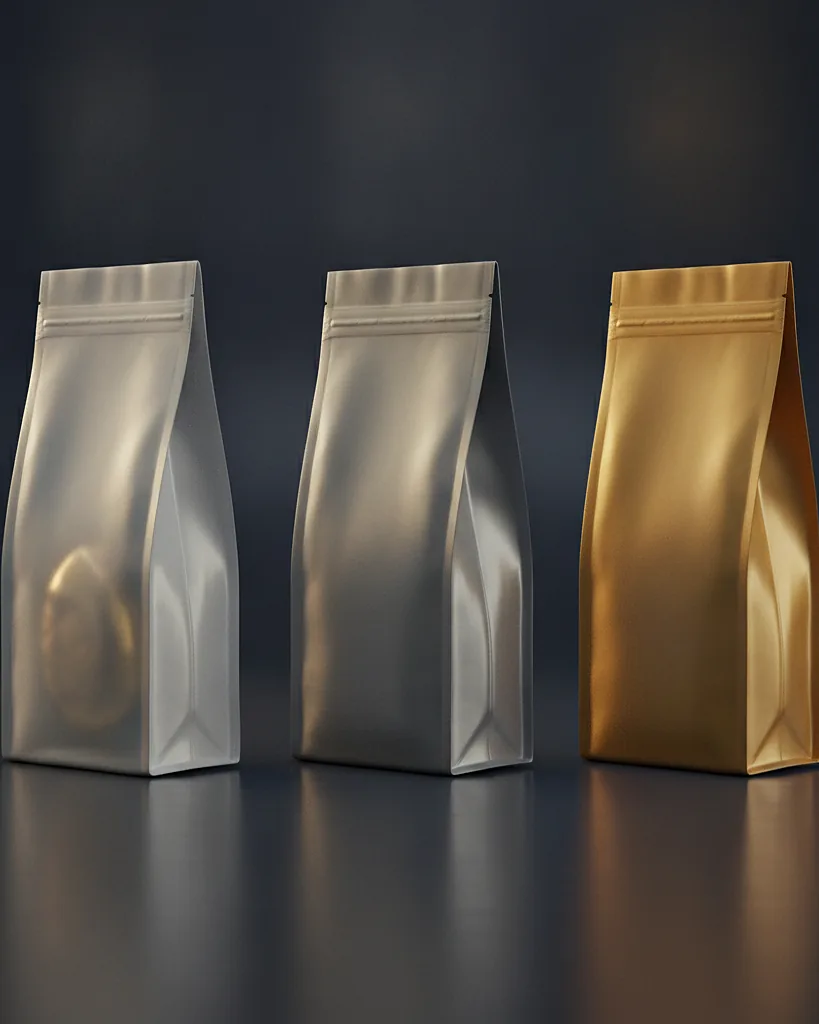 Custom three side seal pouch, barrier laminate, on a dark navy studio backdrop