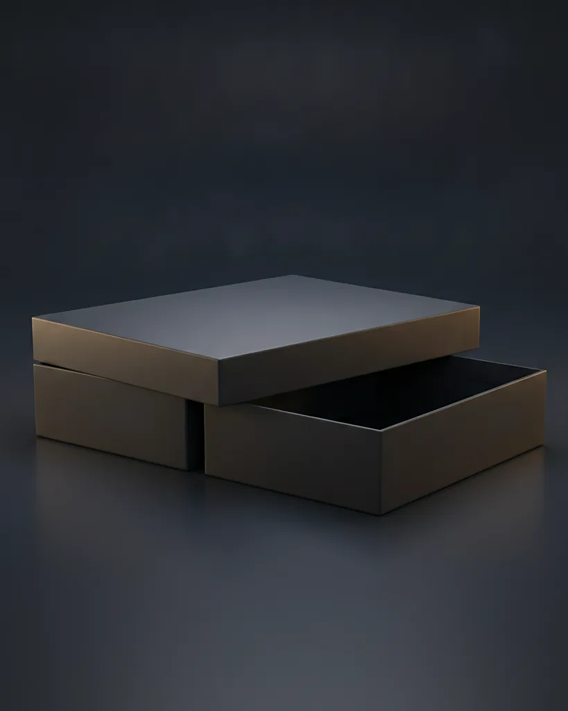 Custom two piece lid and base box, 1200 gsm board, matte wrap, on a dark navy studio backdrop