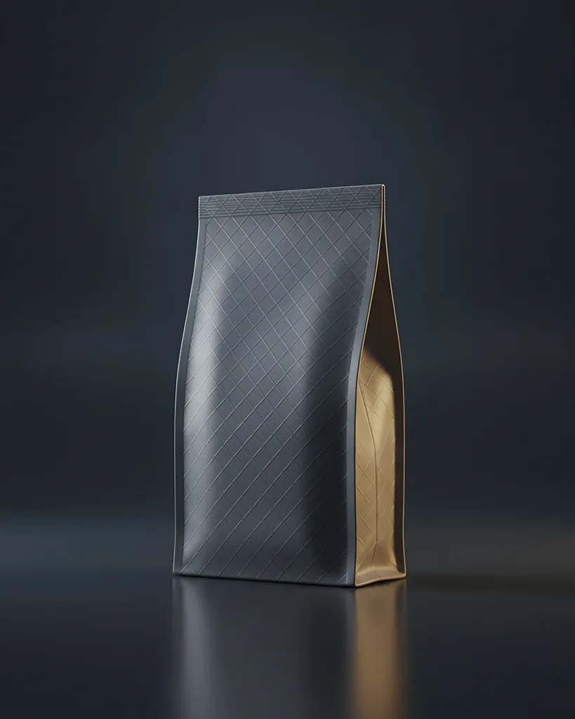 Custom vacuum seal bag, textured barrier film, embossed channels, on a dark navy studio backdrop