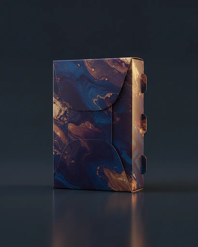 Custom wax melt clamshell box, 18pt SBS, clamshell-tray fit, on a dark navy studio backdrop