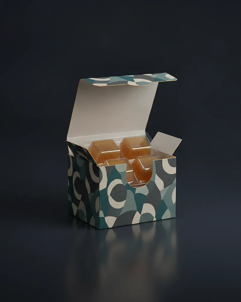 Custom wax melt clamshell box, close-up of the edge, surface texture and finish