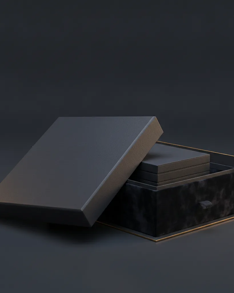 Custom wedding and event box, 1200 gsm, ribbon, on a dark navy studio backdrop