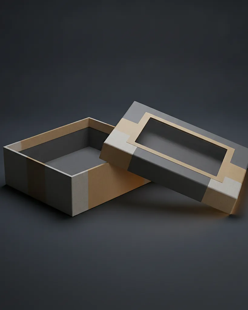 Custom window rigid box, 1200 gsm, PET window, on a dark navy studio backdrop