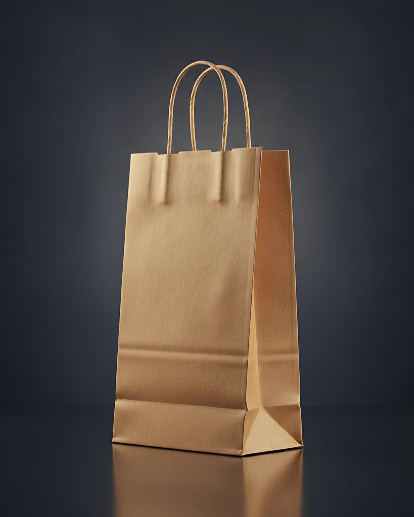 Custom wine bag, kraft or art paper, on a dark navy studio backdrop
