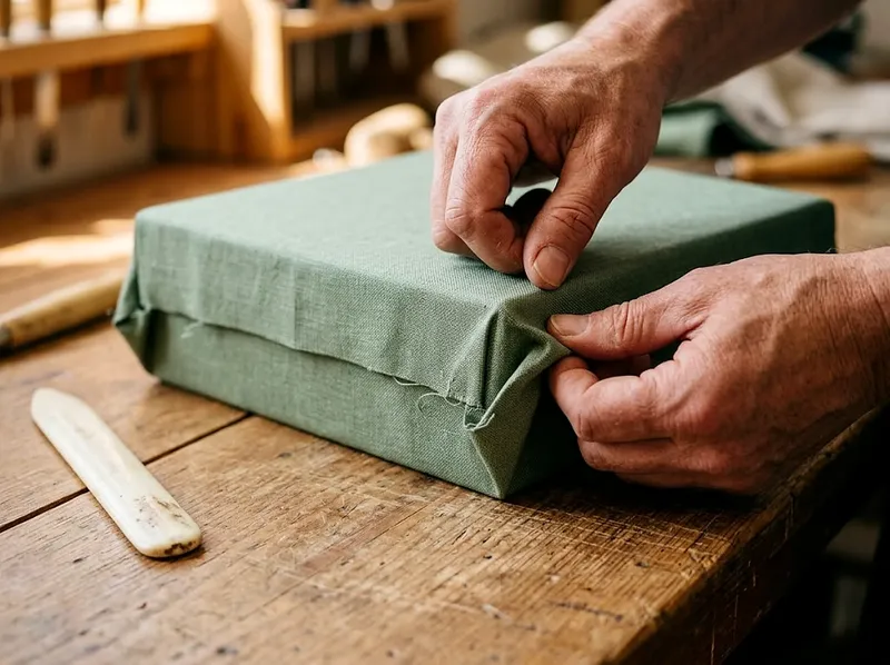 Green linen wrap being folded around a custom rigid box